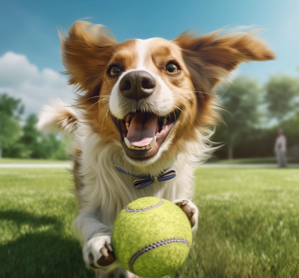 Собака играет с мячиком
