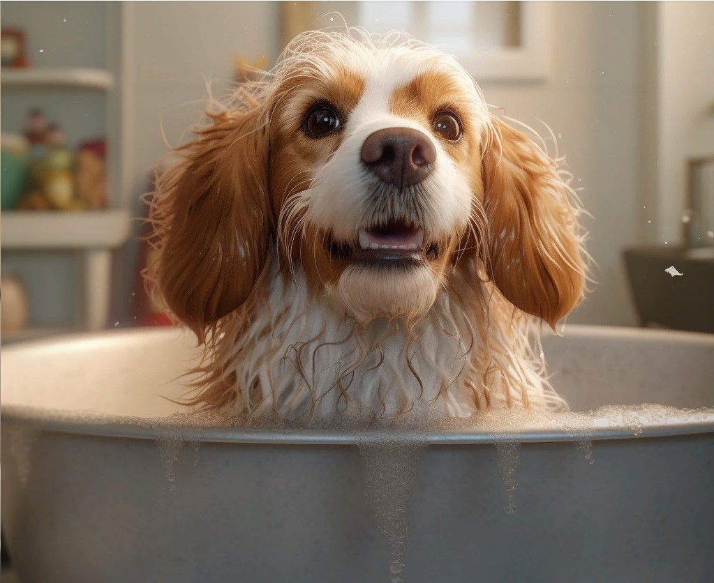 Собака купается в ванне